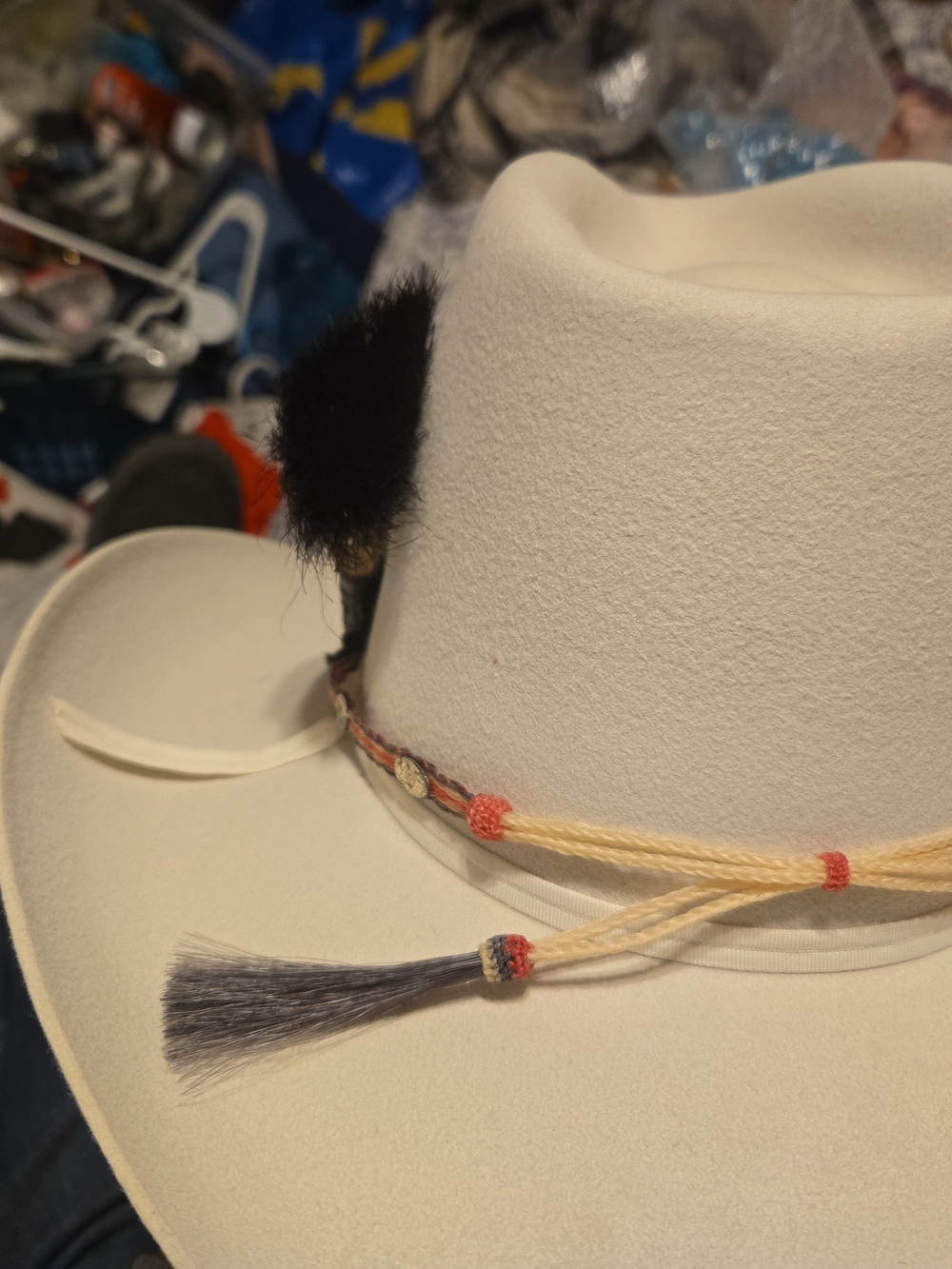 Stetson White Felt Hat with Black-Brown Brush Accent and Grey And Pink Trim - Picture 2 of 8